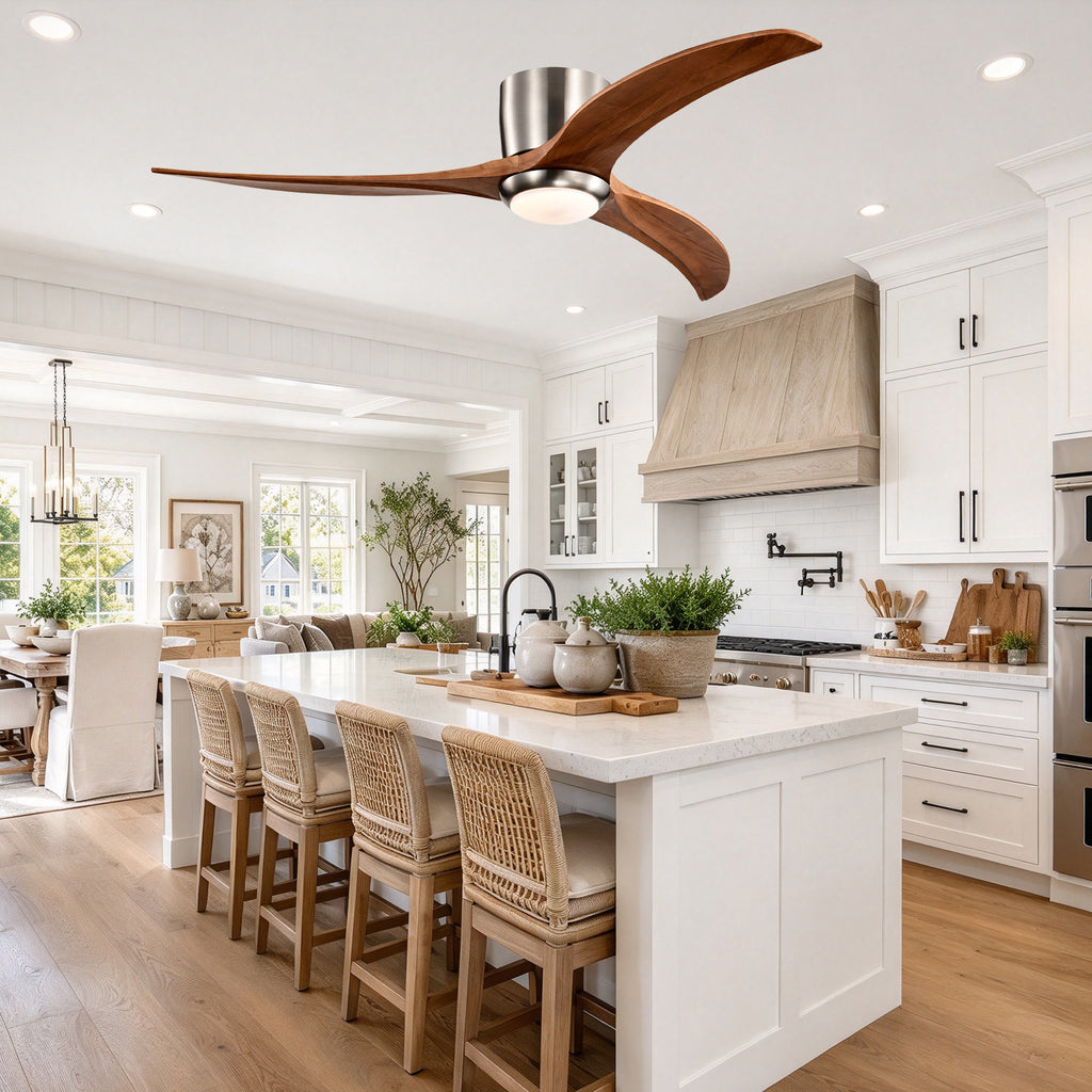 Farmhouse 52 Inch Flush Mount Ceiling Fan with LED Light Quiet DC Motor Ceiling Fan with Light 6-Speed Remote Control Ceiling Fan with Light Suit for Bedrooms, Living Rooms, Kitchens