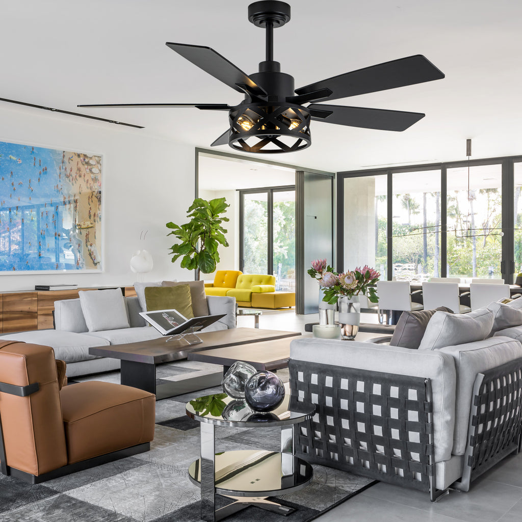 52 Inch Industrial Wood Grain Caged Ceiling Fan with Remote and Reversible Blades, 6-Speed Ceiling Fan with Lights