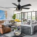 52 Inch Industrial Wood Grain Caged Ceiling Fan with Remote and Reversible Blades, 6-Speed Ceiling Fan with Lights