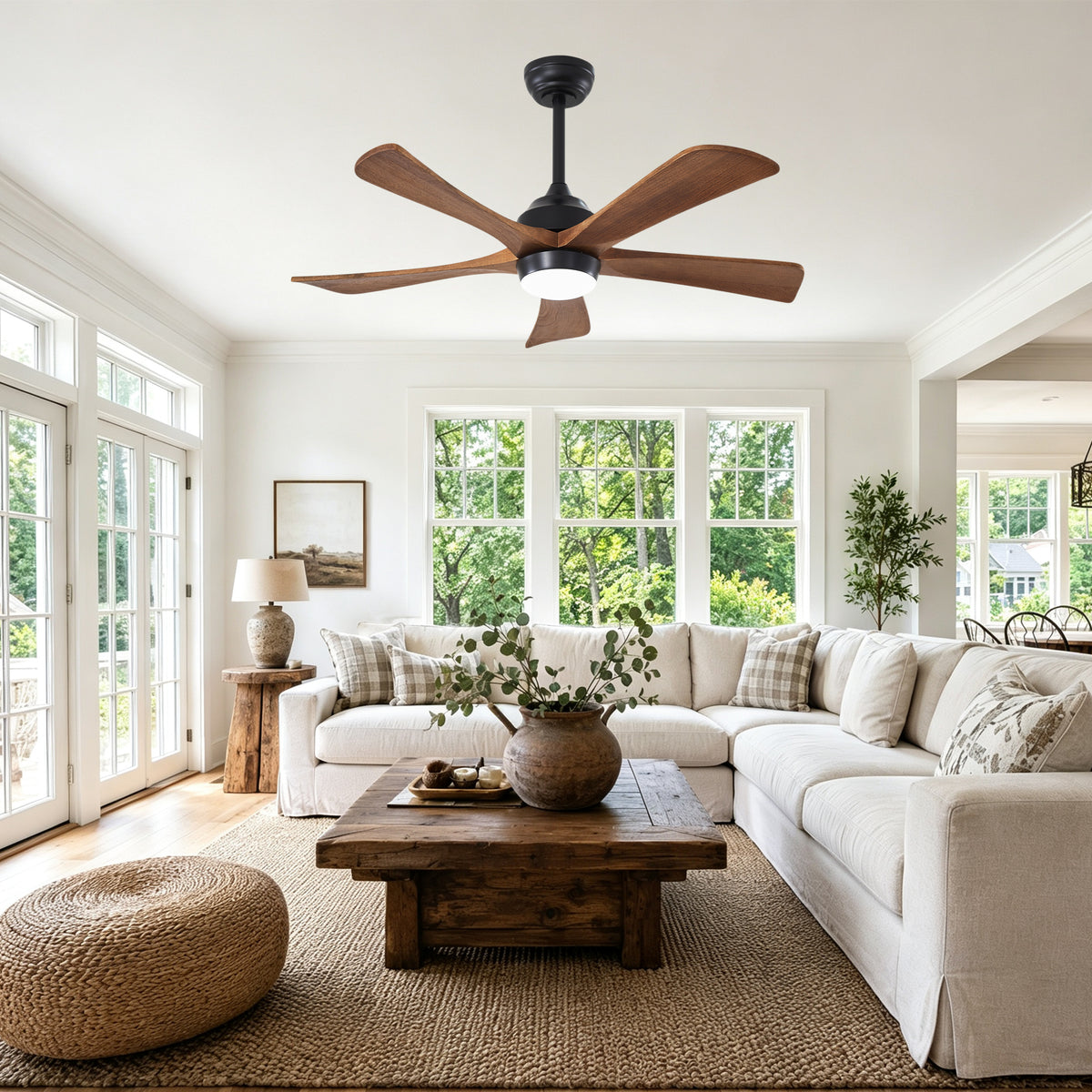 42 Inch Traditional Farmhouse Solid Wood 5 Blade Ceiling Fan with Lights & Remote Control, 6 Speed DC Motor Reversible Ceiling Fan