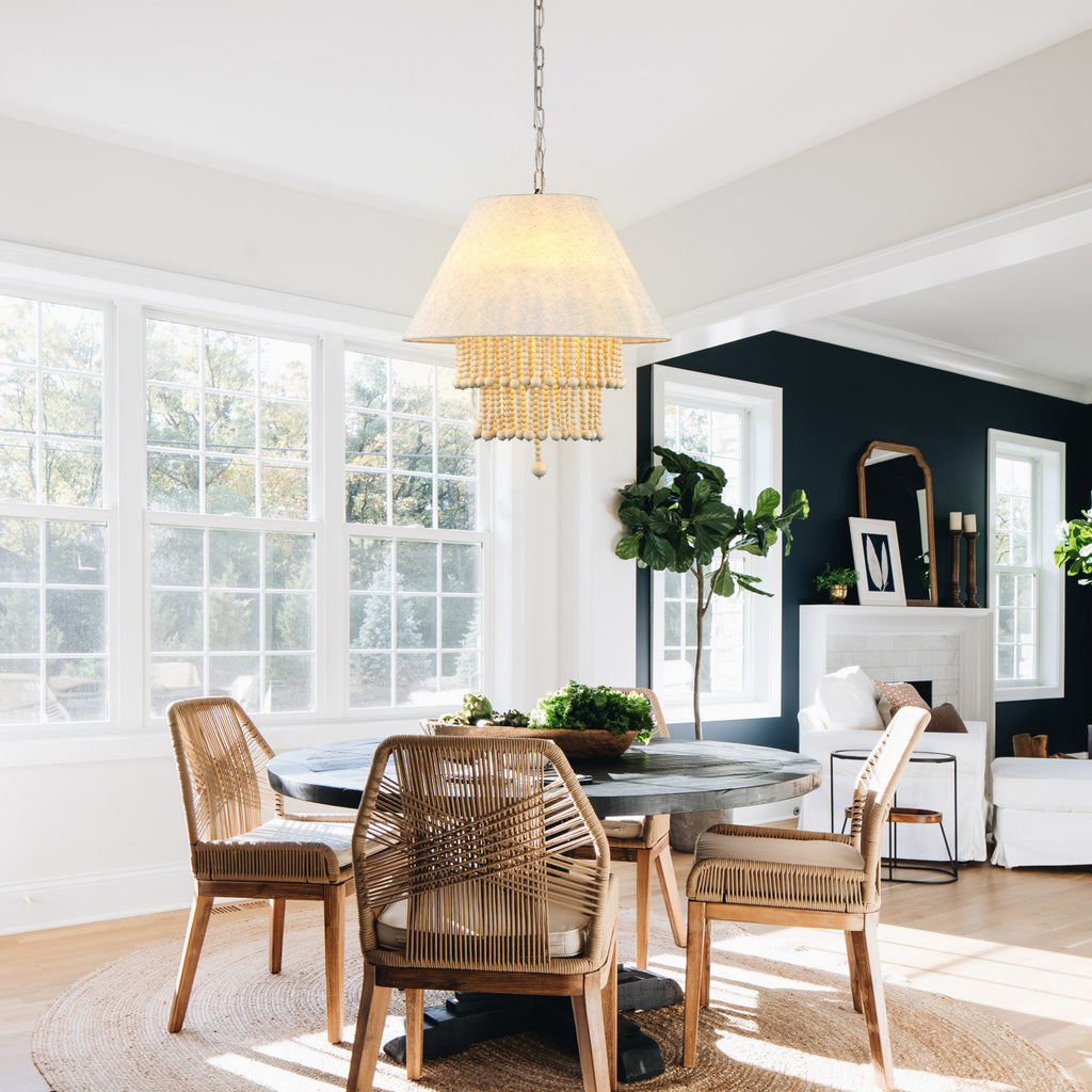 3 - Lights Bohemian Drum Chandelier with Wood Beaded Shade, Fabric Chandelier for Dining Room Living Room