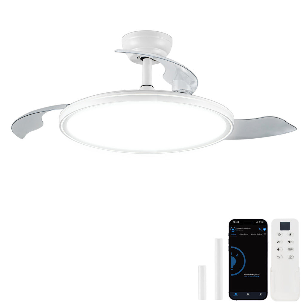 Modern 42 Inch Retractable Ceiling Fan with Light Dimmable LED Light and Quiet DC Motor Ceiling Fan Smart Control Ceiling Fan with Light Suit for Living Room, Bedroom and Kitchen