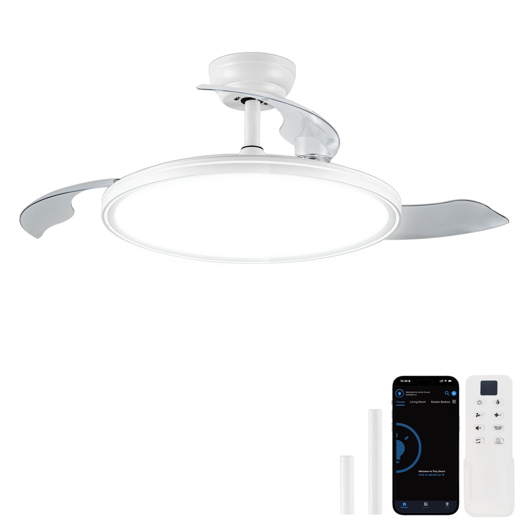 Modern 42 Inch Retractable Ceiling Fan with Light Dimmable LED Light and Quiet DC Motor Ceiling Fan Smart Control Ceiling Fan with Light Suit for Living Room, Bedroom and Kitchen