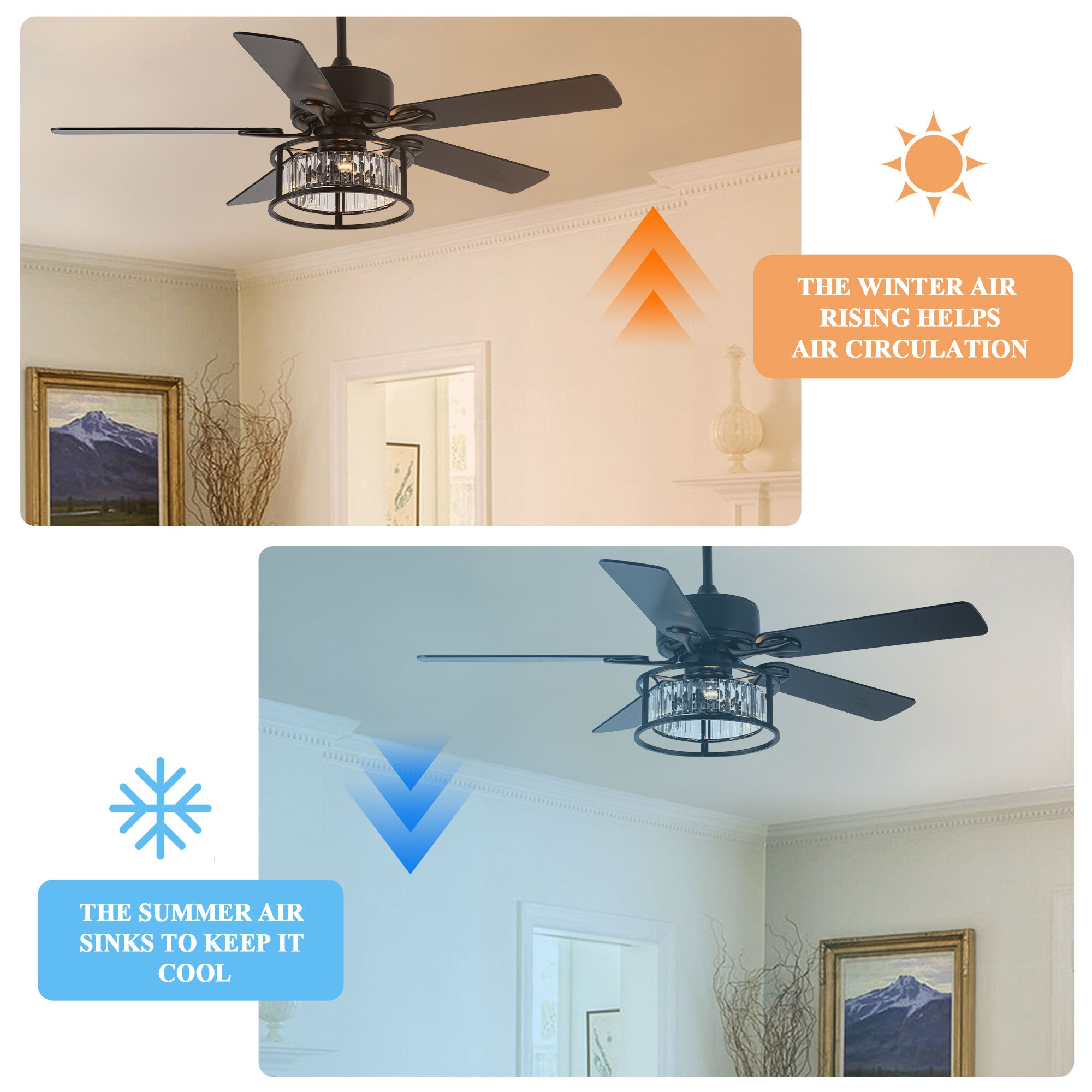 BD2067-BellaDepot 52" Luxury Crystal Caged Reversible Ceiling Fan with Remote and 3 Lights, DC Motor Ceiling Fan
