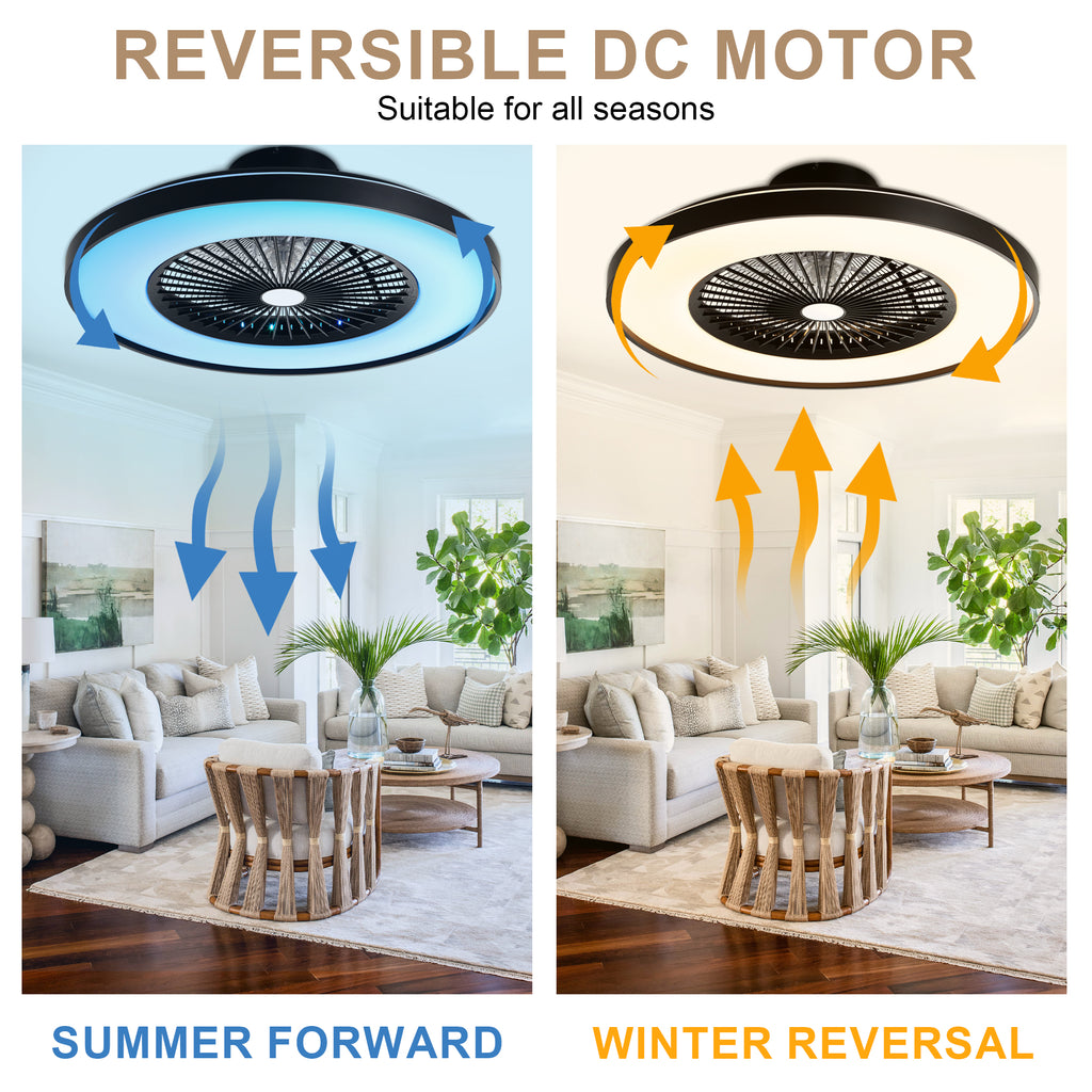 23 Inch Modern Smart Bladeless Ceiling Fan with Dimmable RGB LED Light and Remote,6 Speeds Flush Mount Ceiling Fan for Bedroom