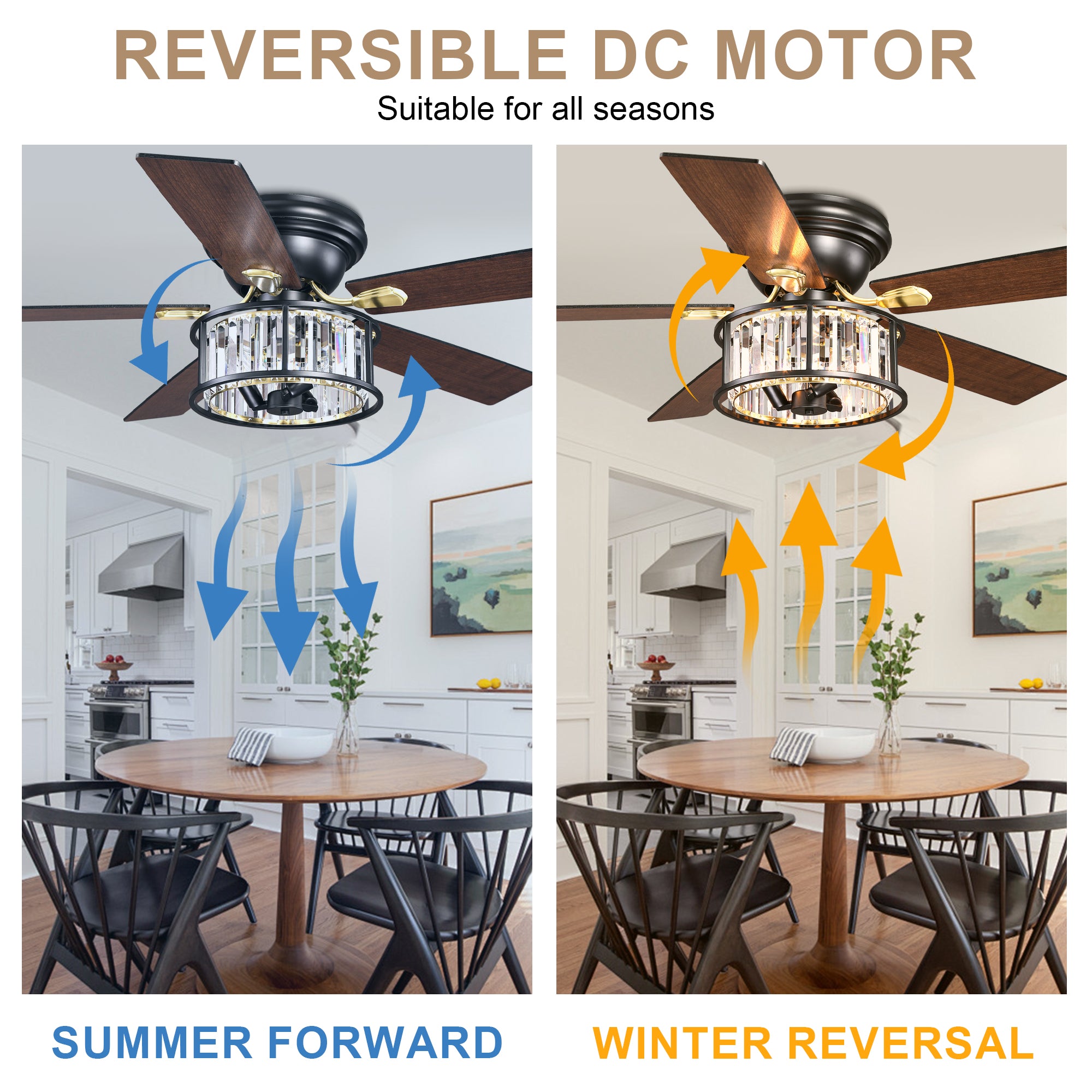 52 Inch Modern Glam Crystal Flush Mount Ceiling Fan with Lights and Remote, 6 Speeds DC Motor Reversible Low Profile Ceiling Fan