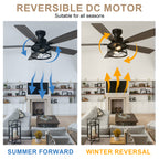 52 Inch Black Farmhouse Industrial Flush Mount Ceiling Fan with Lights and Remote, 6 Speeds DC Motor Reversible Low Profile Ceiling Fan