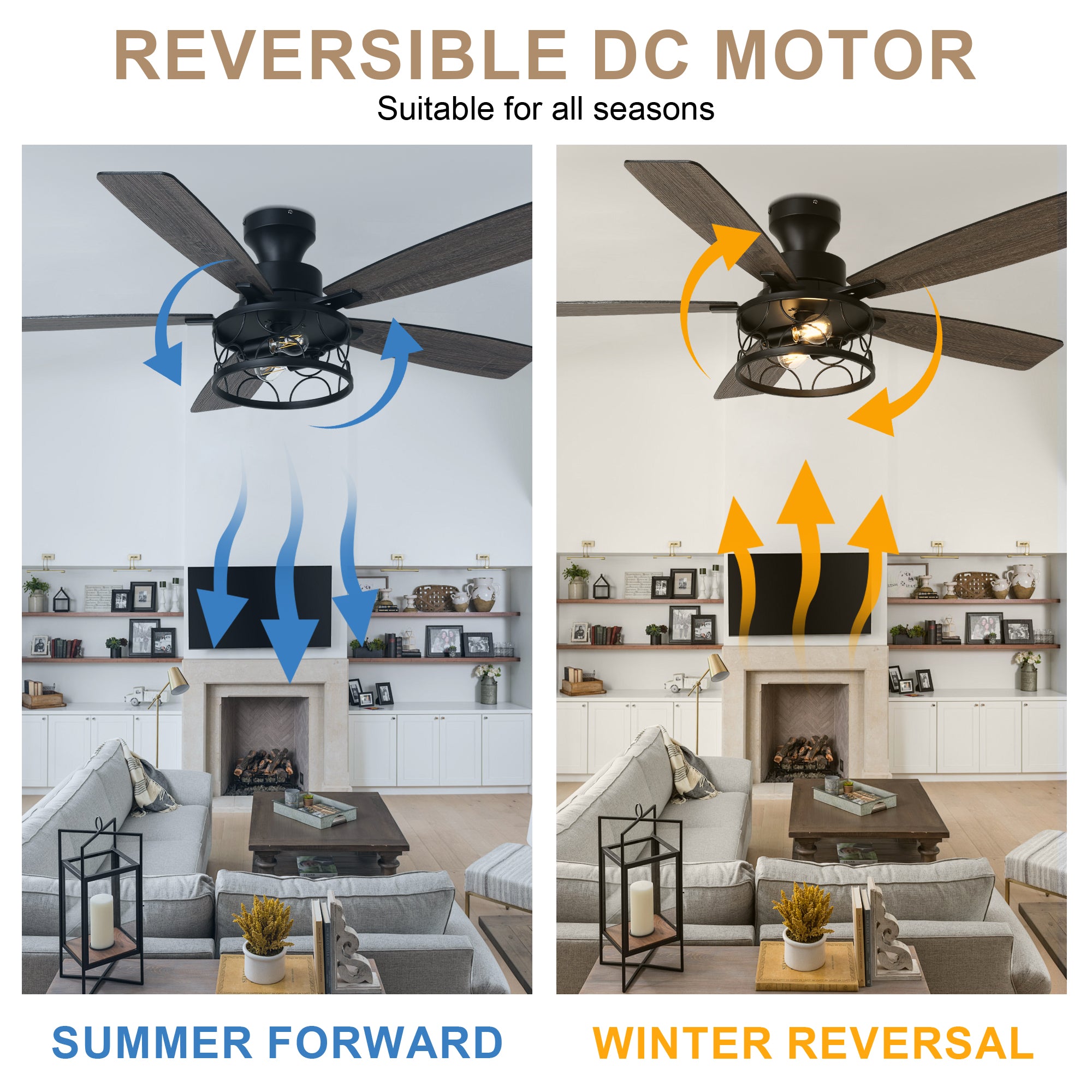 52 Inch Black Farmhouse Industrial Flush Mount Ceiling Fan with Lights and Remote, 6 Speeds DC Motor Reversible Low Profile Ceiling Fan
