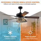 52" Black Modern Glam Crystal Ceiling Fan with Lights and Remote, 6-Speed Reversible Caged Chandelier Ceiling Fan for Large Room