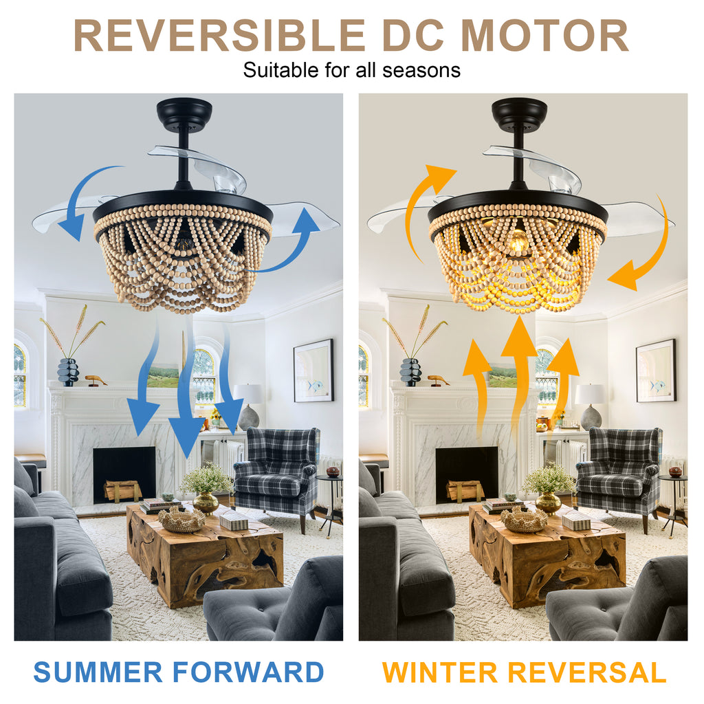 42 Inch Black Bohemian Retractable Ceiling Fan with Lights and Remote, 6 Speeds DC Motor Bladeless Fandelier Ceiling Fan with Wood Beaded Shade