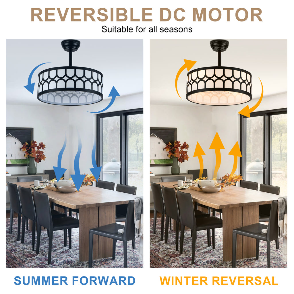 20 Inch Modern Drum Cage Ceiling Fan with Light and Remote, DC Motor 6-Speed Reversible Fandelier Bladeless Ceiling Fan for Bedroom