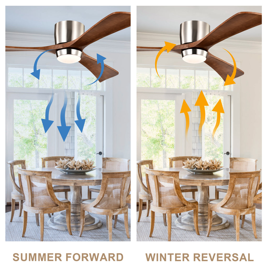 52 Inch Modern Farmhouse Stain Nickel Flush Mount Ceiling Fan with Lights & Remote Control, 6 Speed DC Motor Reversible Ceiling Fan