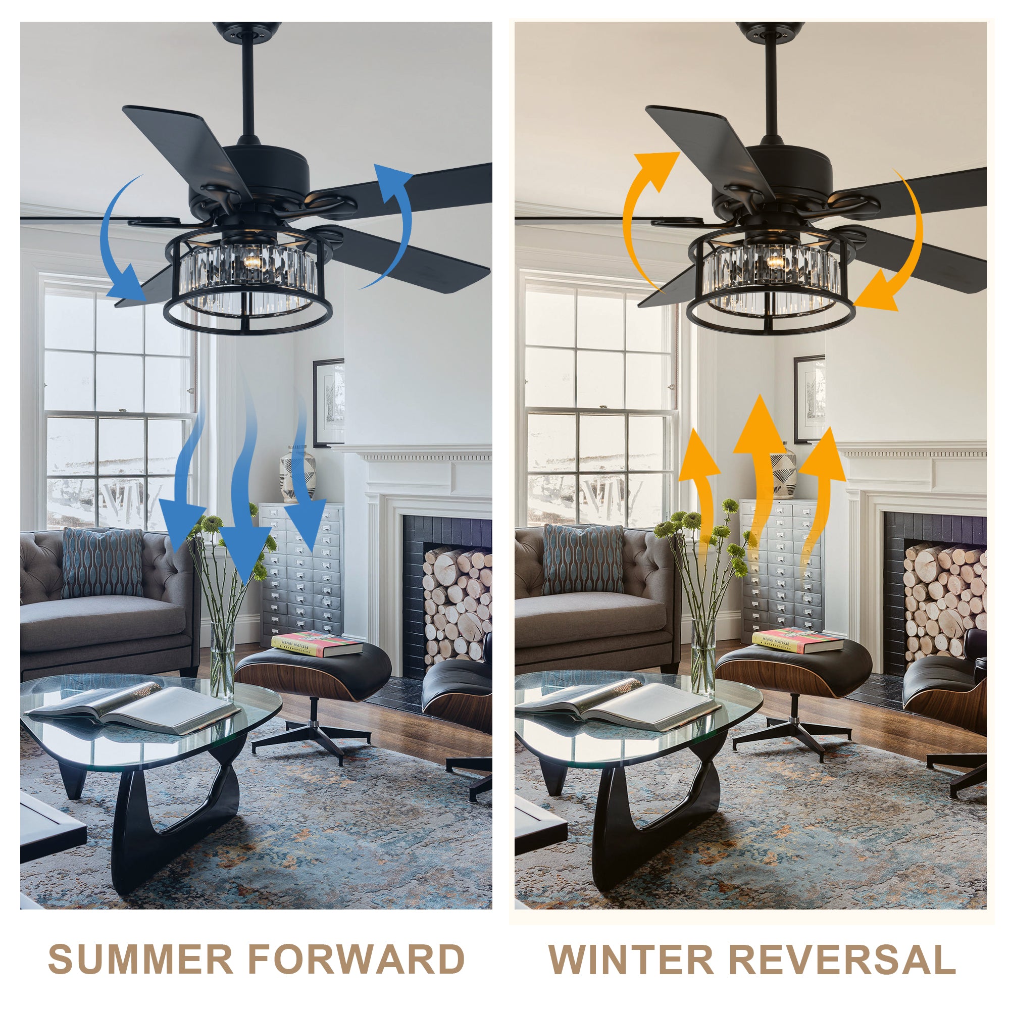 52 Inch Modern Glam Crystal Ceiling Fan with Lights and Remote, 6 Speeds DC Motor Black Reversible Ceiling Fan with Crystal Cage
