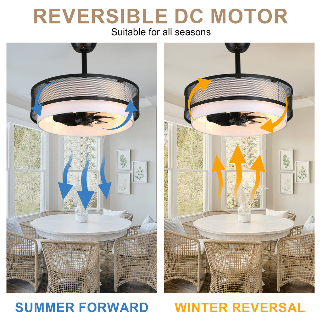 Modern Industrial 20 Inch Fabric with Metal Ceiling Fan with Light Adjustable Down Rods Reversible DC Motor 6 Speed Remote Control Ceiling Fan Timmer Quiet Ceiling Fan with Light Suit for Bedroom, Study, Kitchen
