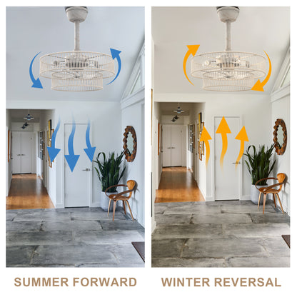 DC2030-19.7" Distressed White Finish Simple Style Reversible Ceiling Fan with Remote and 4 Lights, 6-speed Bladeless Ceiling Fan