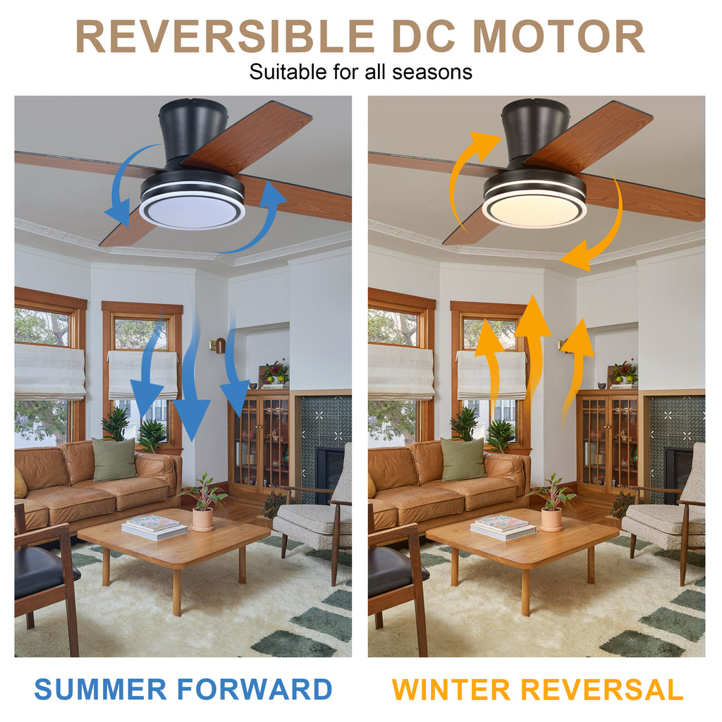 44 Inch Black/Chrome Modern Flush Mount Ceiling Fan with Dimmable LED Lights and Remote, 6 Speeds DC Motor Low Profile Ceiling Fan