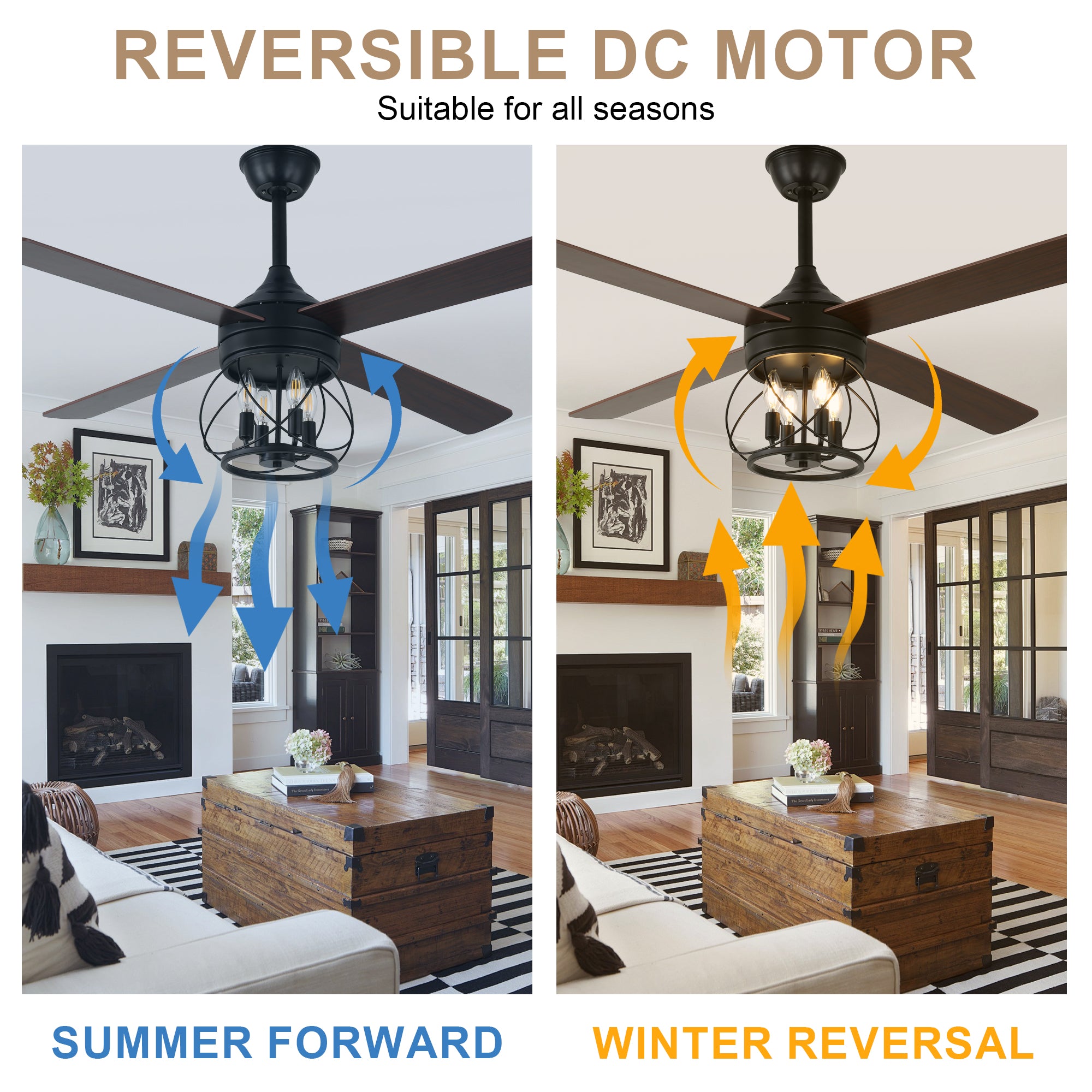 52 Inch Rustic Black Ceiling Fan with Lights and Remote, 6-Speed DC Motor Reversible Farmhouse Industrial Ceiling Fan