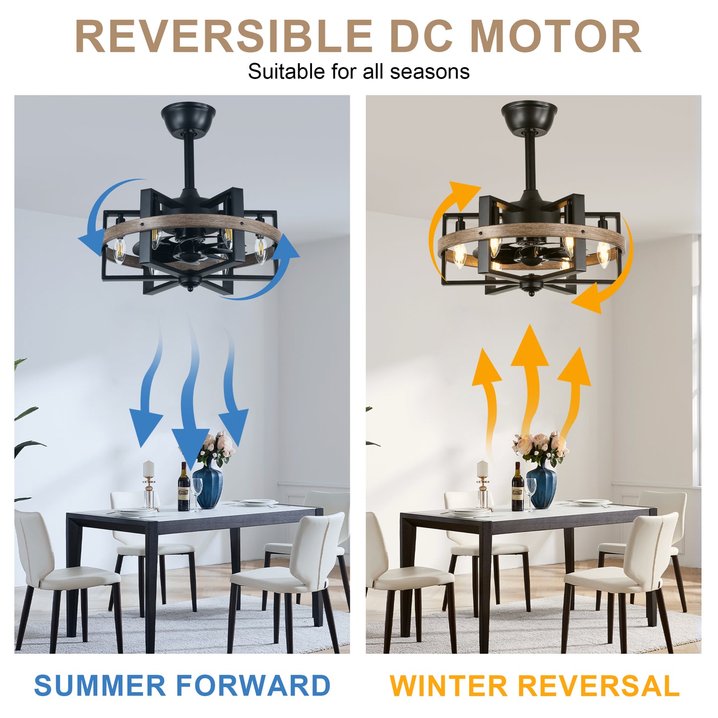 BD1811-BR-BellaDepot 18.5" Industrial Wood Grain Reversible Caged Ceiling Fan with Remote and 6 Lights