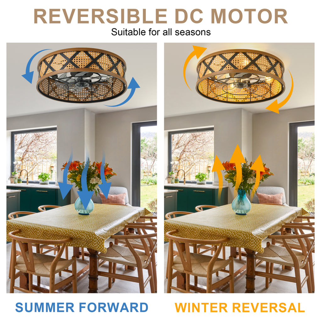 23 Inch Bohemian Rattan Flush Mount Ceiling Fan with Lights and Remote, 6 Speeds DC Motor Farmhouse Low Profile Bladeless Ceiling Fan