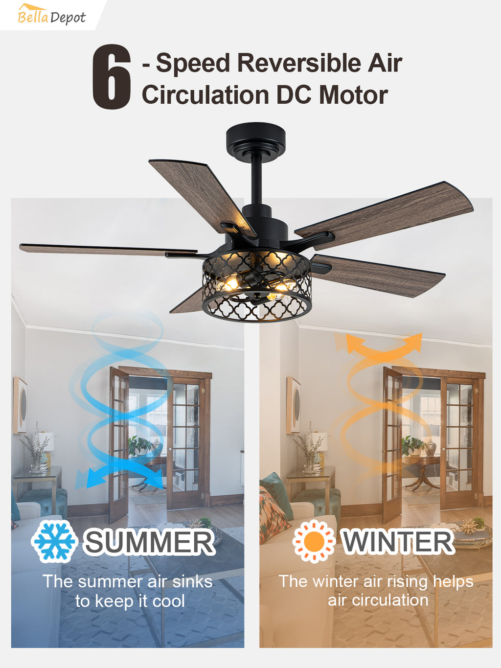 46 Inch Farmhouse Caged Ceiling Fan with Light and Remote, 6-Speed DC Motor Reversible Ceiling Fan, Dual-Finish Blades, Adjustable Height