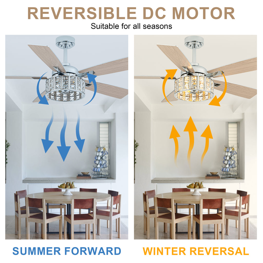 52 Inch Chrome Glam Crystal Ceiling Fan with Lights and Remote Control, 6 Speeds Reversible Ceiling Fan with Crystals
