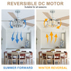 52 Inch Chrome Glam Crystal Ceiling Fan with Lights and Remote Control, 6 Speeds Reversible Ceiling Fan with Crystals