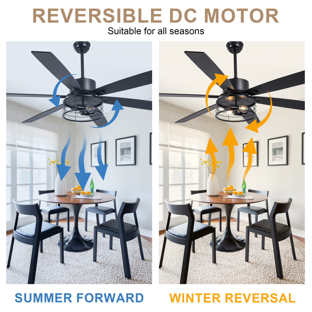 65 Inch Black Modern Industrial Ceiling Fan with Lights and Remote Control,6 Speeds Reversible Ceiling Fan for Large Rooms
