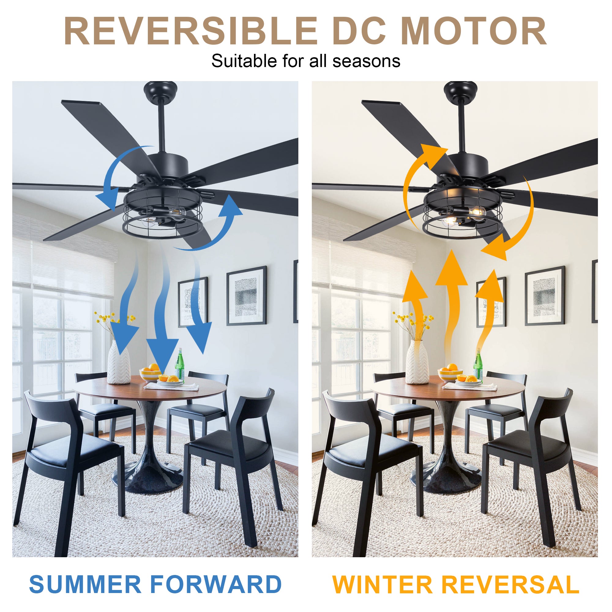 65 Inch Black Modern Industrial Ceiling Fan with Lights and Remote Control,6 Speeds Reversible Ceiling Fan for Large Rooms