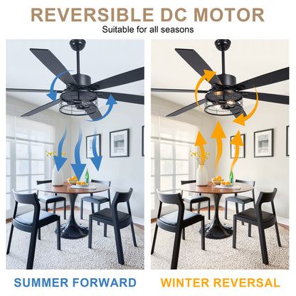DC256501-BellaDepot 65" Industrial Matte Black Ceiling Fan, Reversible 6-speed Fan with Lights, Remote-controlled Fan