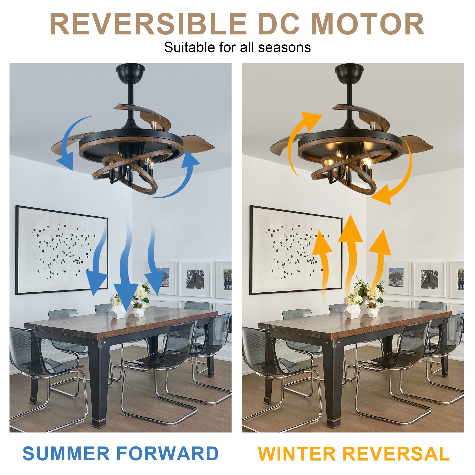 42 Inch Black Farmhouse Retractable Ceiling Fan with Lights and Remote Control, 6 Speeds Reversible Fandelier Ceiling Fan with DIY Shade