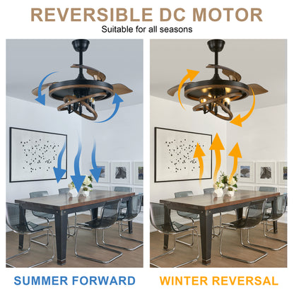 BellaDepot 42" Farmhouse Industrial Brown Retractable Ceiling Fan with Remote Control, Invisible Blades Ceiling Fan with Lights - DC4266