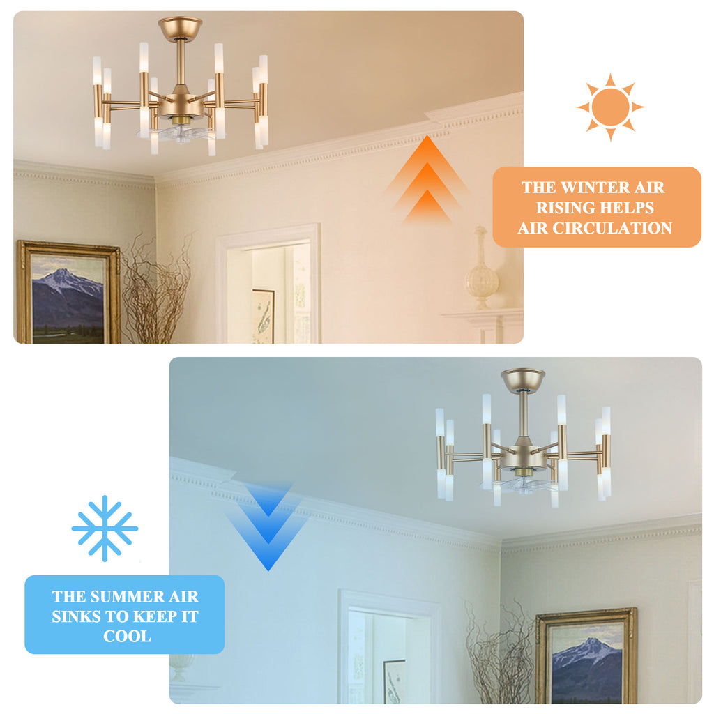 23 Inch Gold Modern Bladeless Ceiling Fan with Dimmable Lights and Remote Control, 6 Speeds DC Motor Fandelier Ceiling Fan for Bedroom