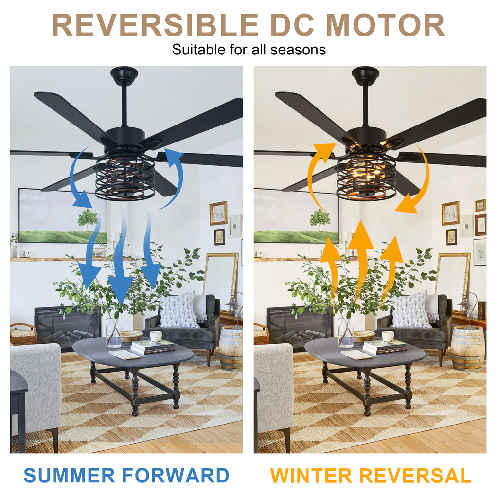 65 Inch Black Caged Large Ceiling Fan with Lights and Remote Control, 6 Speeds DC Motor Farmhouse Ceiling Fan for Large Rooms