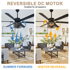 65 Inch Black Caged Large Ceiling Fan with Lights and Remote Control, 6 Speeds DC Motor Farmhouse Ceiling Fan for Large Rooms