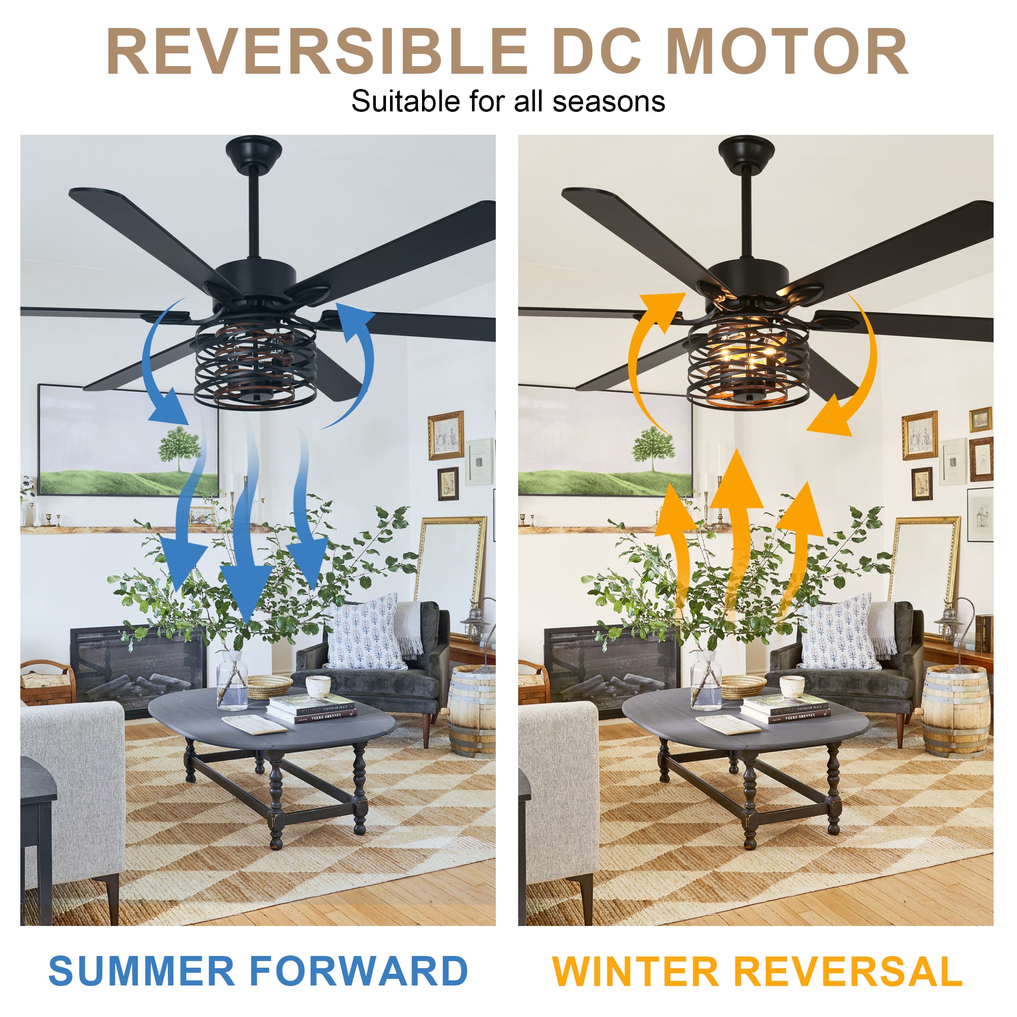 65 Inch Black Caged Large Ceiling Fan with Lights and Remote Control, 6 Speeds DC Motor Farmhouse Ceiling Fan for Large Rooms