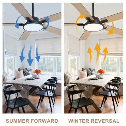 HWJ5220/5221/5222-52" 5 Wooden Blades Industrial Caged Reversible Ceiling Fan with Remote and LED Lights, Large Size 6-speed Ceiling Fan