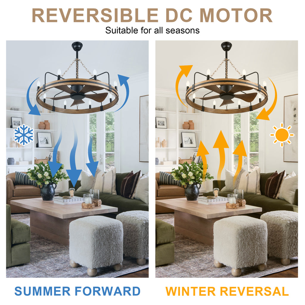 36 Inch Farmhouse Wagon Wheel Ceiling Fan with Lights and Remote Control, 6 Speeds DC Motor Bladeless Fandelier Ceiling Fan