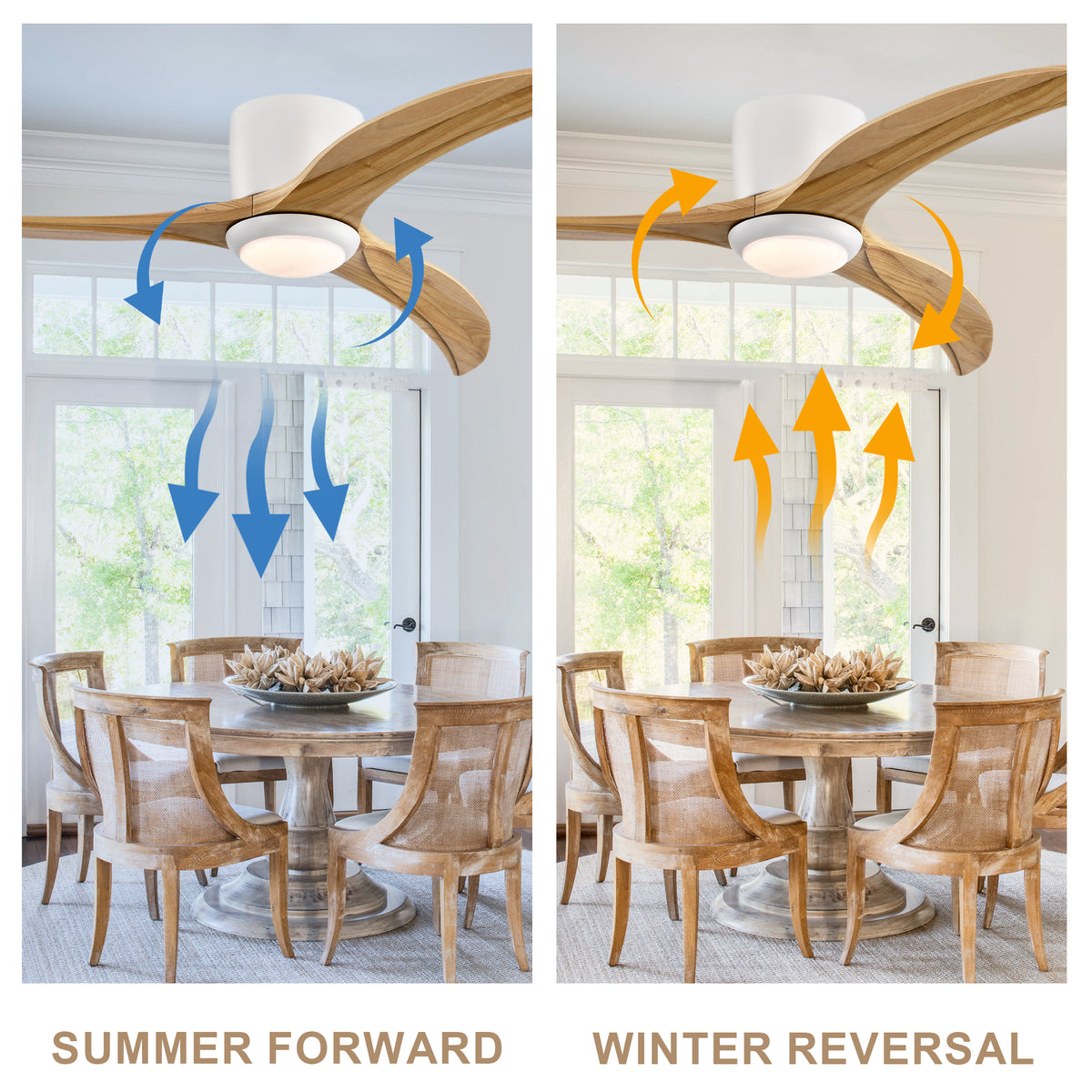 52 Inch Farmhouse Matte White Natural Wood Ceiling Fan with Lights & Remote Control, 6 Speed DC Motor Reversible Ceiling Fan