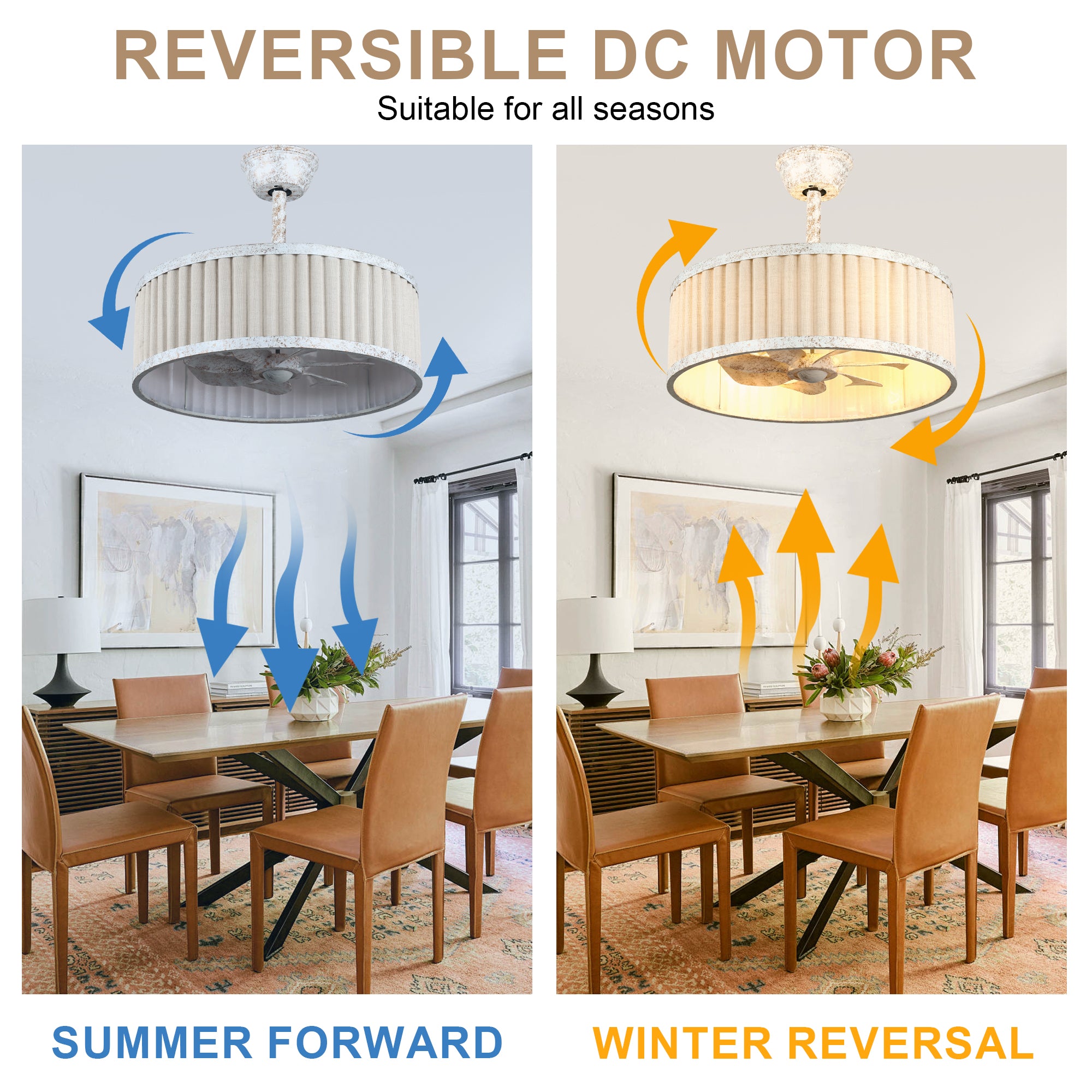 20 Inch Vintage Drum Cage Ceiling Fan with Light and Remote, 6-Speed DC Motor Distressed White Bladeless Ceiling Fan for Bedroom