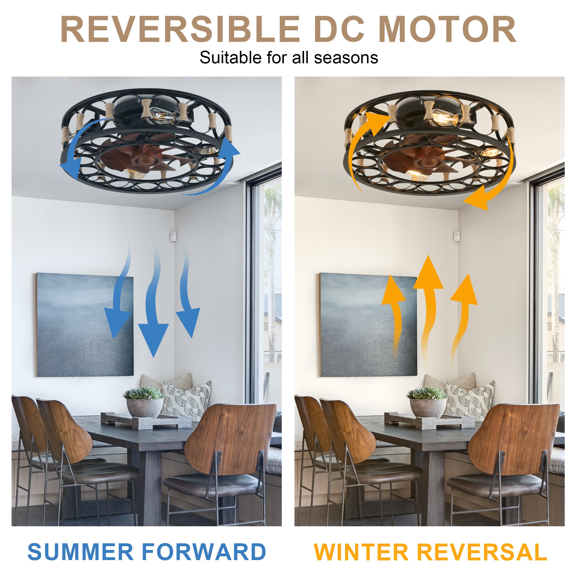 19 Inch Black Farmhouse Flush Mount Ceiling Fan with Lights and Remote, 6 Speeds DC Motor Bladeless Ceiling Fans for Low Profile Ceiling