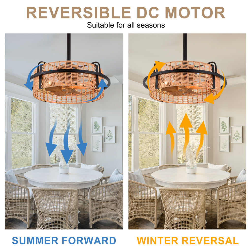 Bohemian 20 Inch Rattan Caged Retractable Ceiling Fan with Light Quiet DC Motor Reversible Down Rod Ceiling Fan with Light Farmhouse Remote Control and Adjustable 6 Speed Ceiling Fan Suit for Bedrooms, Kitchens, Living Rooms