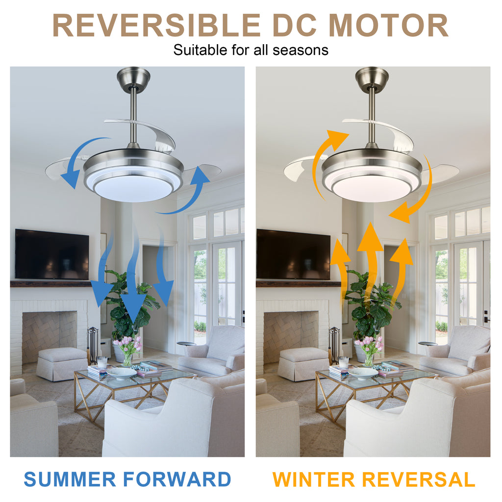 36 Inch Chrome Modern Retractable Ceiling Fan with LED Light and Remote, 6 Speeds DC Motor Bladeless Fandelier Ceiling Fan