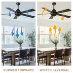 52 Inch Black Modern Ceiling Fan with Remote Control, 6 Speeds DC Motor 5-Blade Reversible Ceiling Fan for Living Room