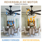 52 Inch Industrial Metal Caged Ceiling Fan with Lights and Remote Control, Silent DC Motor Fan for All Seasons