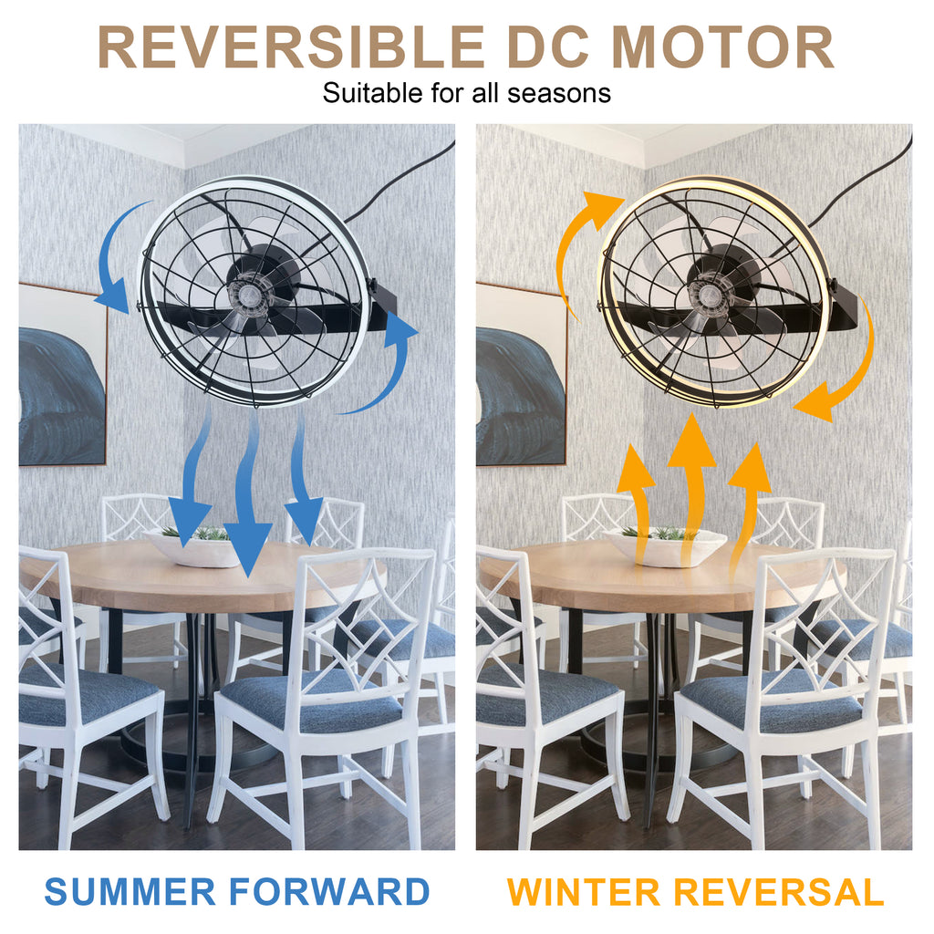 23 Inch Black Modern Wall Mounted Caged Ceiling Fan with Dimmable LED Lights and Remote, 6 Speeds Plug In Bladeless Ceiling Fan