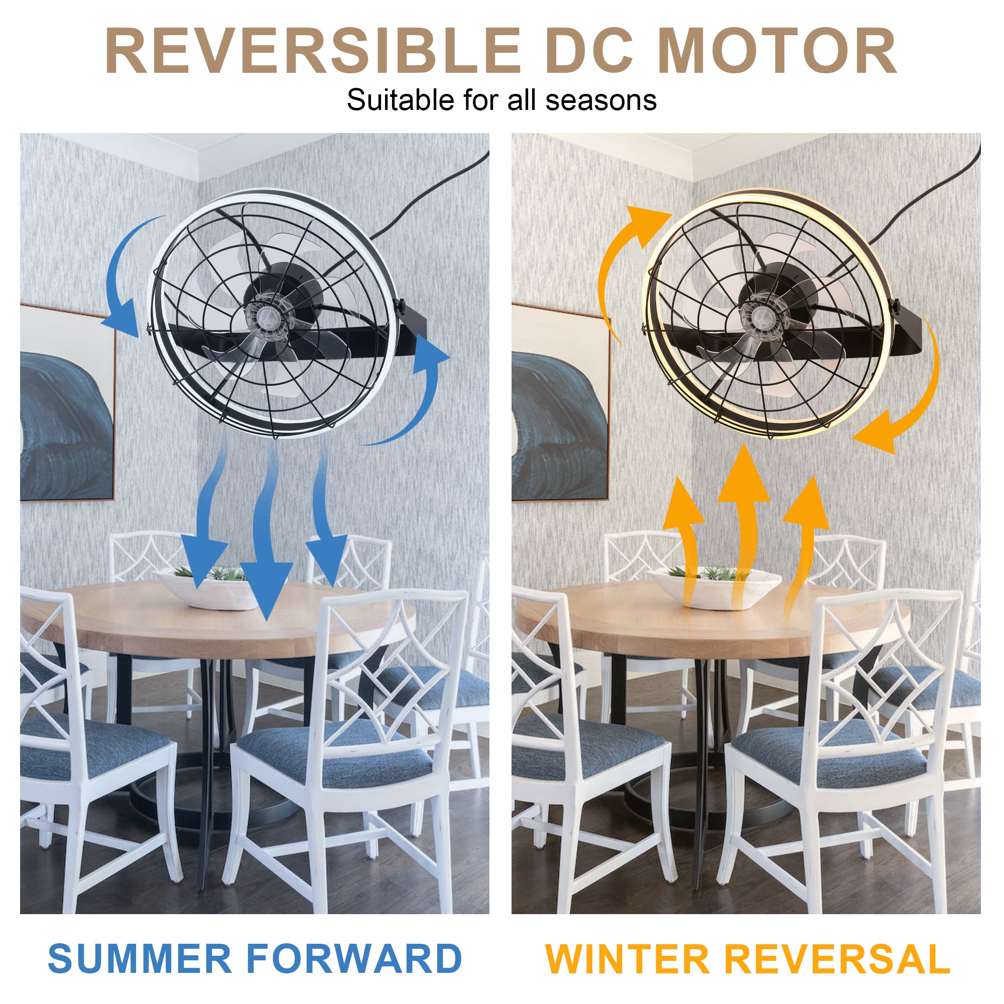 23 Inch Black Modern Wall Mounted Caged Ceiling Fan with Dimmable LED Lights and Remote, 6 Speeds Plug In Bladeless Ceiling Fan
