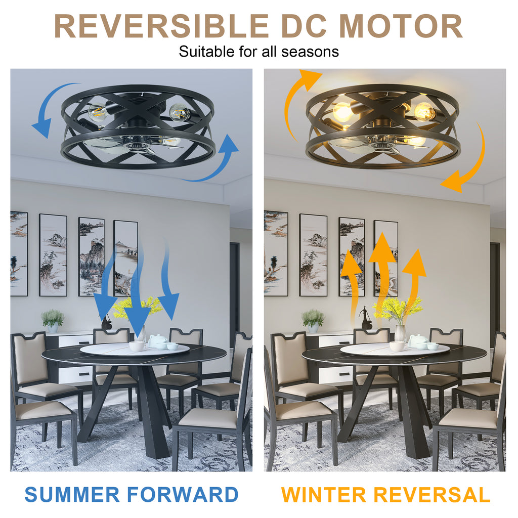 20 Inch Black Industrial Ceiling Fan with Light and Remote, 6-Speed DC Motor Bladeless Ceiling Flush Mount & Downrod Options