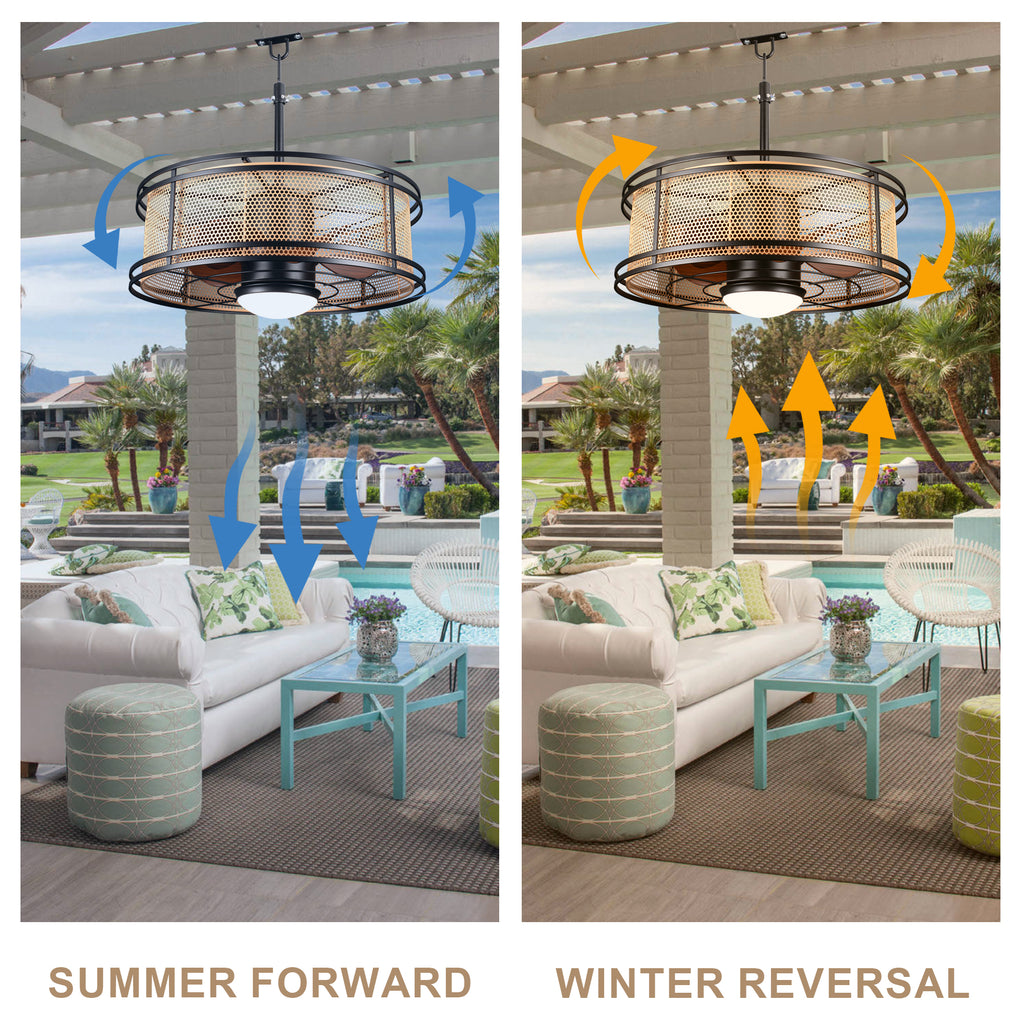 HW2307-BellaDepot 23.6" Imitation Rattan Outdoor Ceiling Fan with Remote and LED Lights, DC Motor 6 Speeds Ceiling Fan