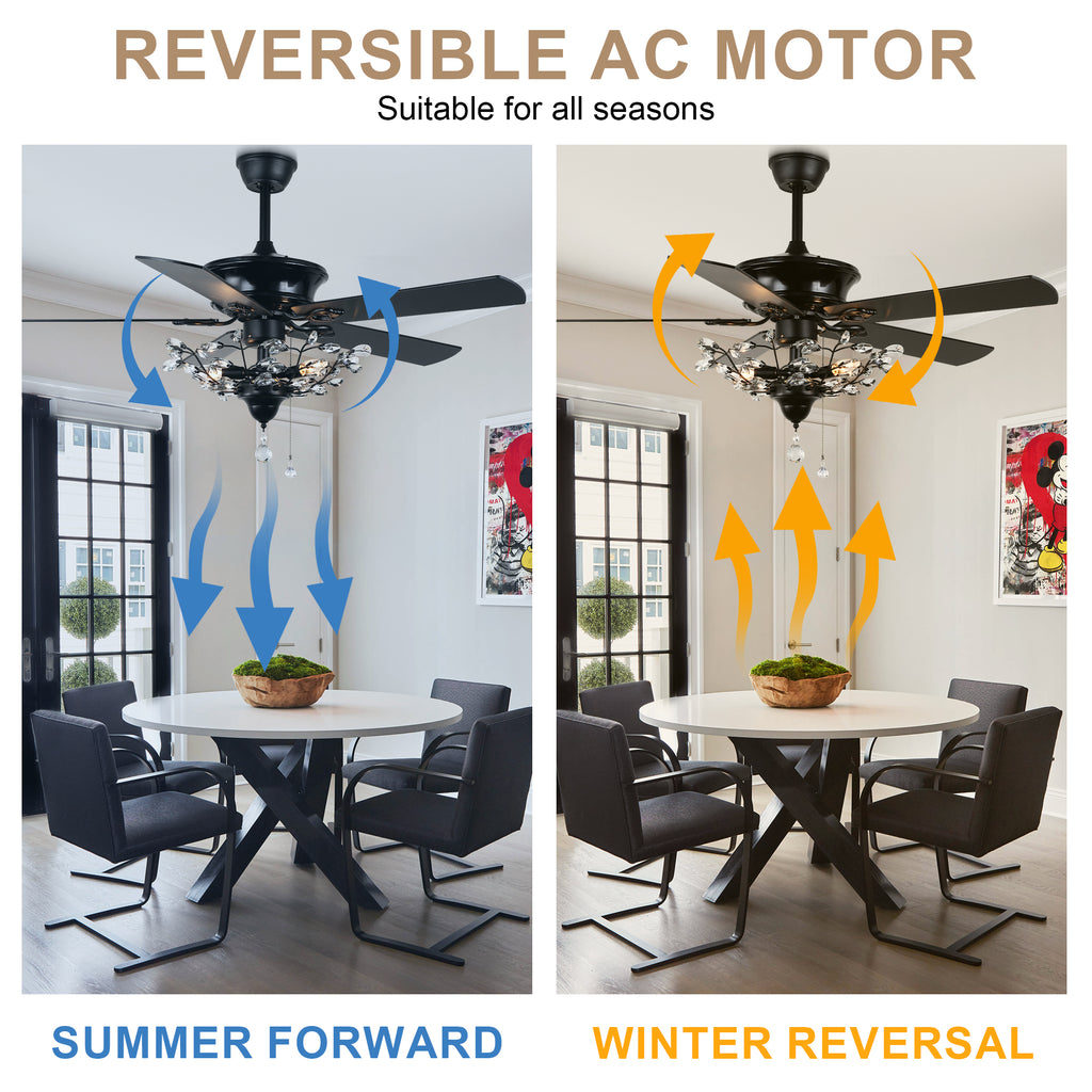 52 Inch Black/Chrome Modern Luxury Cryatal Ceiling Fan with Lights and Remote, 6 Speeds DC Motor Reversible Chandelier Ceiling Fans