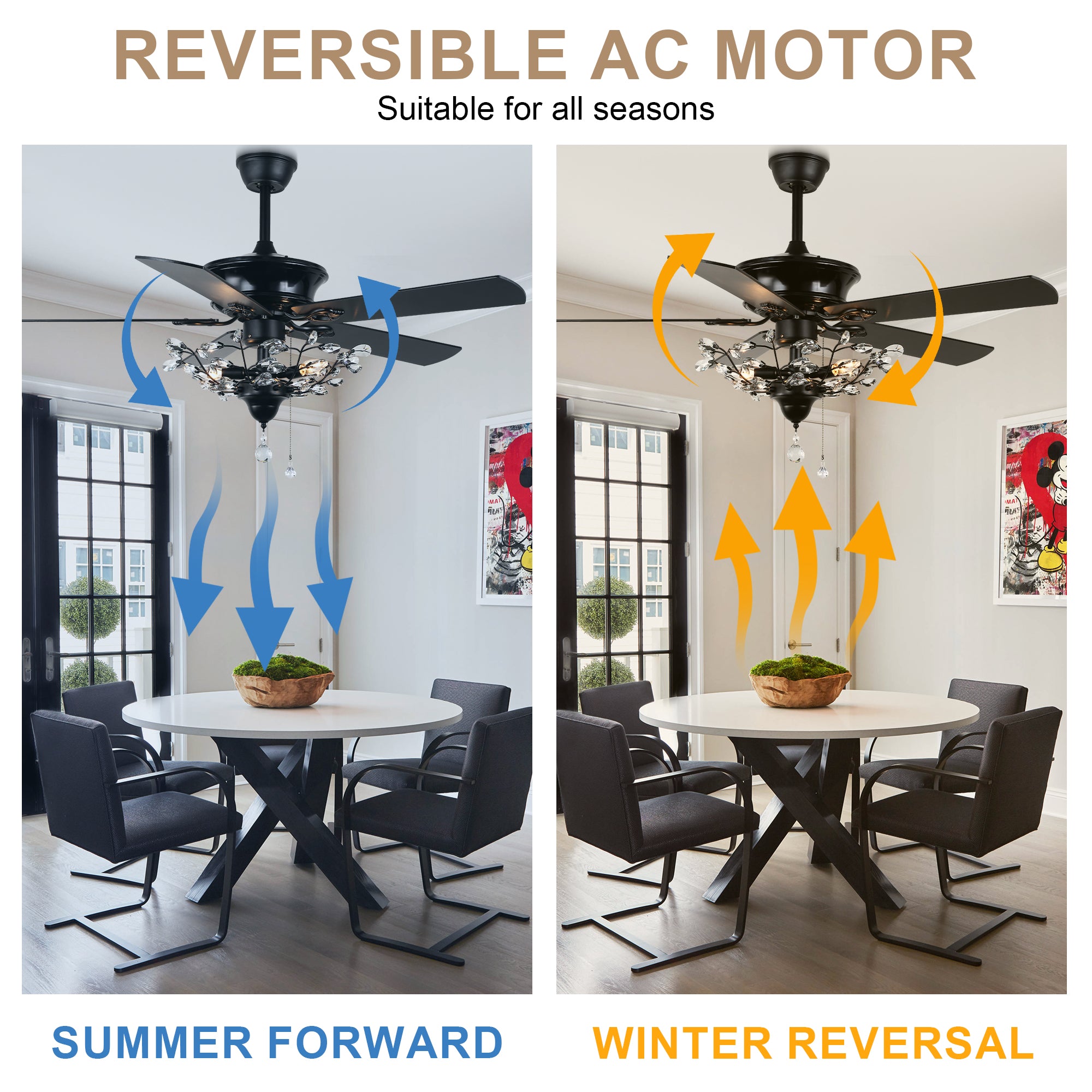 52 Inch Black/Chrome Modern Luxury Cryatal Ceiling Fan with Lights and Remote, 6 Speeds DC Motor Reversible Chandelier Ceiling Fans